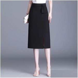 Rokken Vrouwen Elegant Chic Slim Casual Zwart Halflange Bodycon Rok 2022 Zomer Hoge Taille Split Werkpotlood 2107 Drop Delivery Verschijnen Otzbr