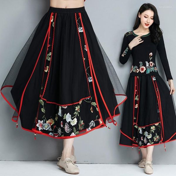 Faldas Mujer Falda étnica Mujer Otoño Invierno México Estilo Hippie Original Boho Largo Negro Encaje Patchwork Bordado Midi KK3974