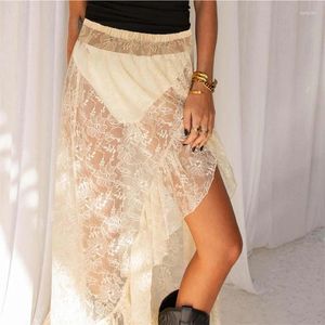 Rokken Vrouwen Fee Bloemen Kant Lange Ruches Zoom Zomer Herfst Elastische Taille Zien Door Asymmetrische Rok Strand Streetwear