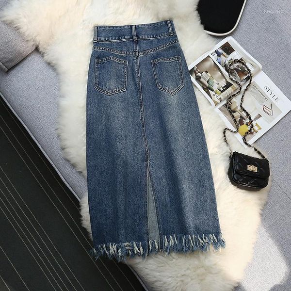 Faldas Mujer Moda Denim Azul Sólido Cremallera frontal Hendidura Maxi Falda Vintage Cintura alta Mujer Chic Borlas Señoras Largas