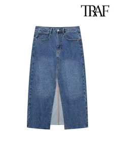 Jupes femmes mode avant évents Denim Midi jupe Vintage taille haute fermeture éclair femme Mujer