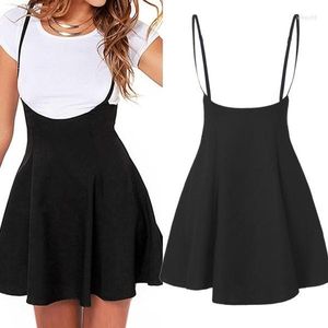 Faldas Mujer Moda General Tirantes Vestido negro Plisado Mini Corto Una línea Brace Falda