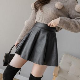Faldas Mujer Moda PU Cuero Cintura alta Clásico Elástico Corto Falda plisada Señoras Negro Mini Saia Faldas X54