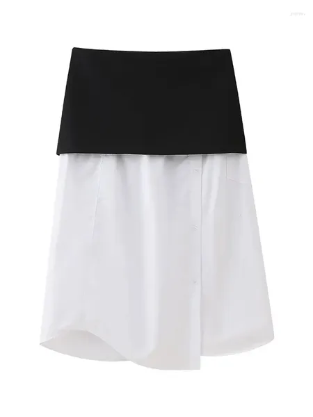 Jupes femmes mode blanc noir Patchwork simple boutonnage Midi jupe Vintage taille haute femme Chic dame