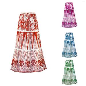 Jupes Femmes à imprimé floral Boho Maxi Jupe élastique haute taille plissée vintage volant lâche long Vêtements d'été 2024
