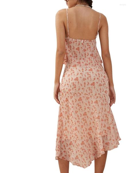 Jupes Femmes Imprimé Floral Jupe Ensemble Dos Nu Fente Camisole Avec Taille Basse Irrégulière Longue Tenue D'été Pour Club Party (Rose L)