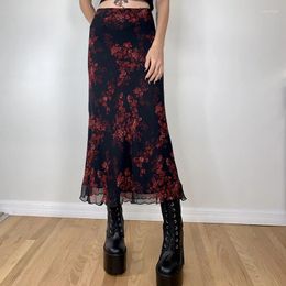 Jupes gothiques longues pour femmes, printemps automne Y2k, Vintage, élégante, à fleurs, pour rendez-vous quotidien, Streetwear, fée Grunge Goth Harajuku