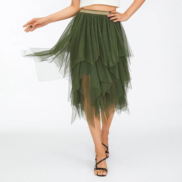 Jupes femmes vert Midi couleur unie élastique taille haute volants irréguliers multicouche Tulle Tutu femme Streetwear