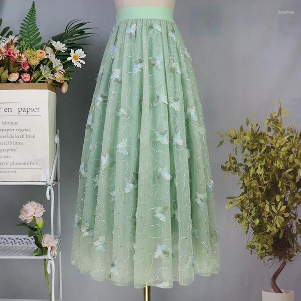 Jupes Femmes High Rise Butterfly brodées verts clairs élastique taille A-line tulle midi jupe 2024 été