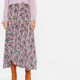 Jupes Femme Jupe mi-longue à imprimé floral taille haute Caractéristiques Fentes Détail