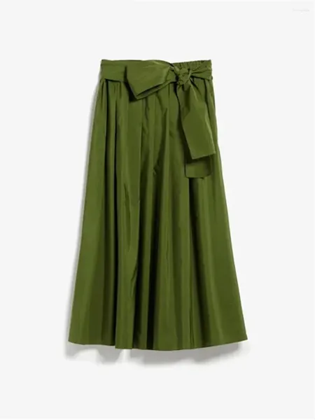 Jupes Femmes hautes hautes lacets up arc midi jupe 2024 Fashion d'été Vintage vert femelle plissée élégante