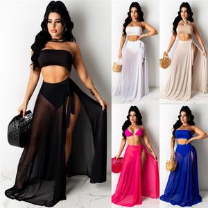 Jupes femmes taille haute maille 2023 été voir à travers Sheer Bandage fendu solide Transparent dentelle Maxi Long