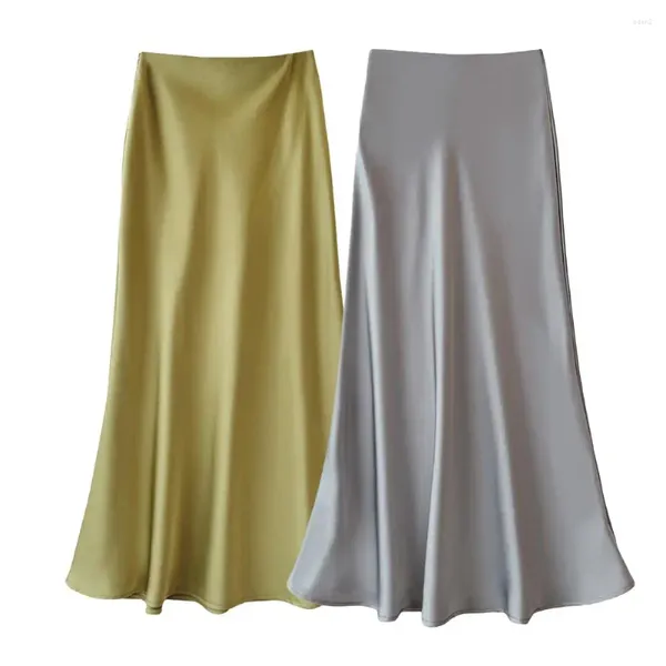 Faldas para mujeres falda midi de cintura alta satén elegante con diseño de cola de pescado de línea A para ropa de trabajo de color sólido
