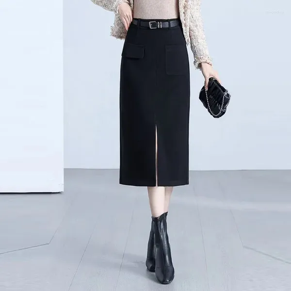 Faldas de mujer de cintura alta con bolsillo vestido ceñido dividido falda de lana Otoño Invierno Oficina señora elegante Slim Casual lápiz negro 4XL 3698