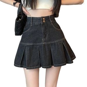 Rokken vrouwen hoge taille ruche geplooide denim rok meisjes casual zomer schooluniform een lijn mini wijd uitlopende korte Jean streetwear