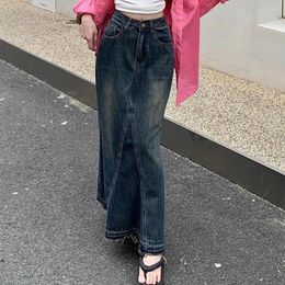 Jupes femmes taille haute jupe en jean rétro a-ligne Maxi avec poches taille haute bord déchiré cheville femme