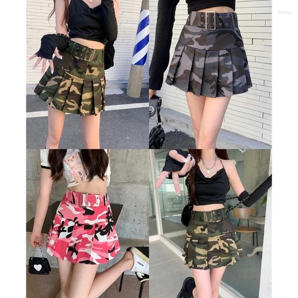 Faldas Mujer Cintura Alta Moda Plisada Con Cinturón-Camuflaje Ins Dropship