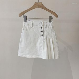 Rokken vrouwen hoge taille geplooide denim mini rok meisjes a-line skater tennis witte korte Jean Koreaanse stijl esthetiek