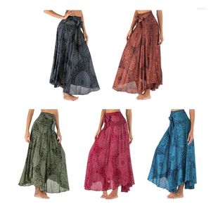 Faldas Mujer Ropa Hippie Bohemia Floral Cintura elástica Falda larga larga con corbata 2 en 1 Vestidos gitanos fluidos asimétricos con cuello halter