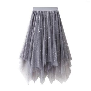 Rokken vrouwen onregelmatige tule tutu rok mode casual glanzende ster pailletten elastische mesh prinses