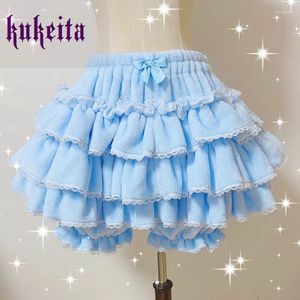 Faldas de mujer Kawaii plisado de encaje japonés dulce polar Lolita Mini volantes bombachos Harajuku Linda cintura elástica falda hinchada con forma de pastel