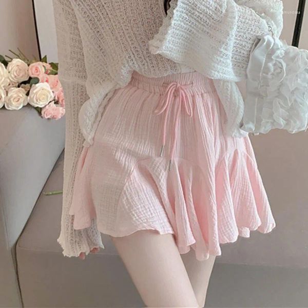 Jupes femmes coréennes taille haute Sexy solide plissée rose robe de bal été ample ligne a doux à lacets Mini Streetwear Kawaii