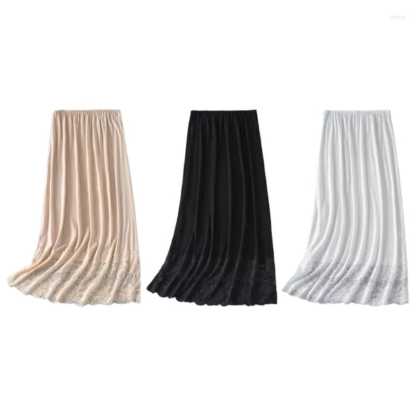 Faldas de encaje para mujeres recorte invisible enagua de la caldera medio deslizamiento de la cintura elástica color sólido midi falda larga para debajo del vestido