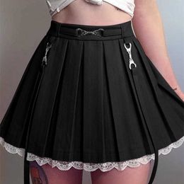 Faldas Mujer Encaje Trim Mini Falda plisada Goth Y2K Harakuju Ruffle Falda de cintura alta Lolita Estilo punk Academia Estética Streetwear P230422