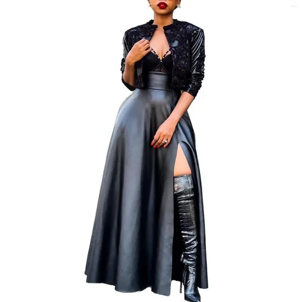 Jupes femmes robe en cuir moulante noir fausse jupe haute fente évasée balançoire irrégulière col en V longue streetwear
