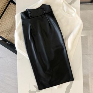 Jupes Femmes En Cuir Jupe Crayon Taille Haute Boutons Slim Fit Moulante Genou Longueur PU Bureau Dame Élégant Noir