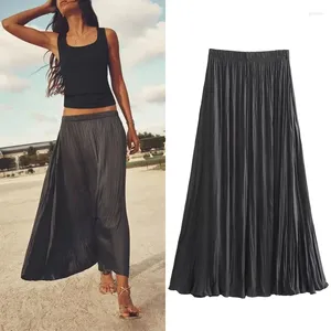 Jupes femmes lin Midi noir Vintage ceinture élastique plissée longue jupe taille haute Maxi été Streetwear