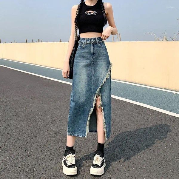 Faldas Mujer Denim Jean Falda Midi 2023 Damas Una Línea Azul Talle Alto Longitud Keen Modest Para