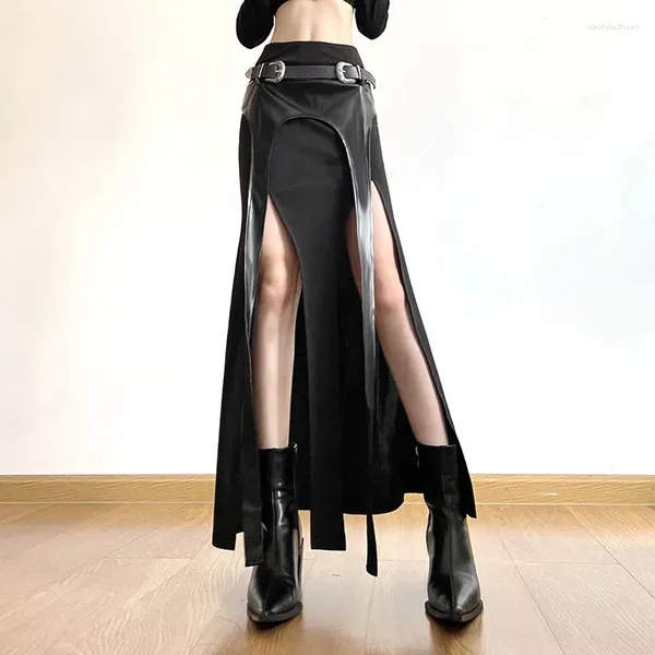 Faldas Mujer Falda larga Cintura alta Dividir Sexy Personalidad Cinturón Cinta de cuero negro Maxi Cool Streetwear Vestido