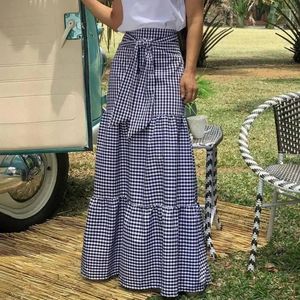 Jupes femmes Maxi jupe Plaid imprimé a-ligne grande balançoire Patchwork haute taille élastique à lacets plissé dame pleine longueur longue