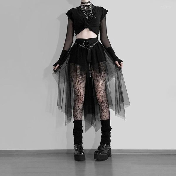 Faldas Mujer Falda de malla Gótico Irregular Tul Negro Punk Rave Party Vintage Lolita Goth Tutu Faldas largas Estética