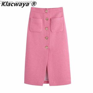 Rokken Vrouwen Midi Rok Tweed Textuur Roze Dichtgeknoopt Za Vintage Hoge Taille Split Vooraan S Chic Back Zip Z230704