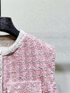 Rokken Vrouwen Roze Geruite Pailletten Tweed Set 2024 Lente Ronde Hals Single-Breasted Mouwloos Vest Jas Top Of A-lijn mini Rok Pak