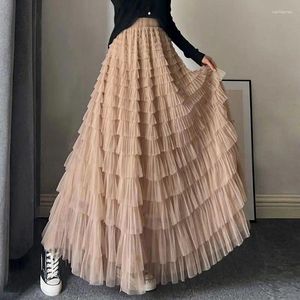 Jupes Femmes plissées tutu long ruffles Design Elegant Mesh Tulle Loose Solid Patchwork Gauze Streetwear Party Party