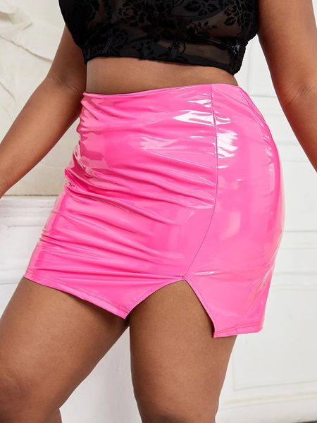 Jupes Femmes Plus La Taille Faux Latex Mini Jupe Extensible Moulante Jupe Ourlet Côté Split Dames Sexy PVC Jupe En Cuir Clubwear Personnalisé 230715