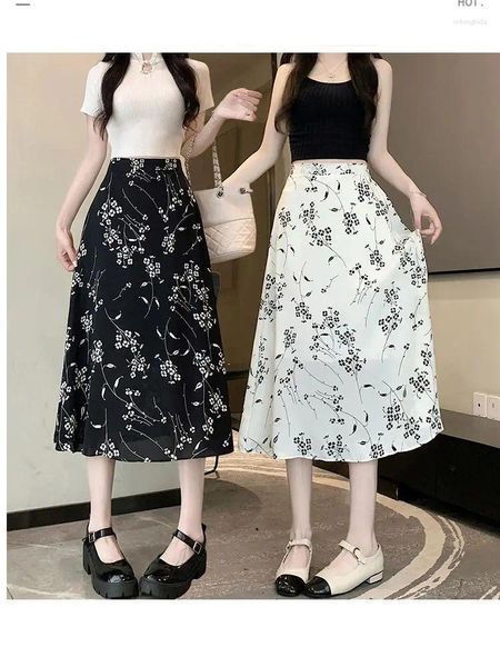 Faldas Mujeres Impreso Floral Floral Elástico Alta cintura Femenina Midi Irregular Midi Una línea con forro