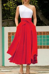 Jupes femmes rouge Maxi jupe taille haute plissée vacances plage fête couleur unie longue pansement nœud papillon grande balançoire