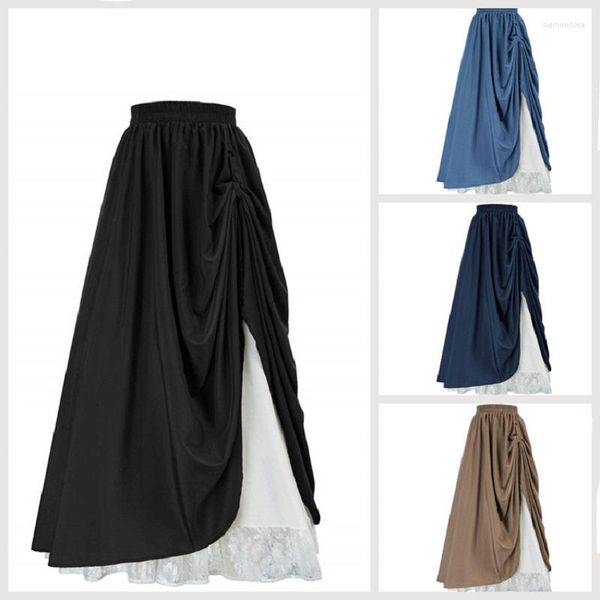 Faldas Mujer Retro Medieval Encaje elástico Cintura alta Boho Maxi Falda Casual Cordón Una línea larga