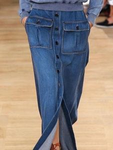 Rokken Dames Retro Split Zoom Denim Rok Zakken Casual Street chic Rechte Lange Jeans Enkele Knop Minimalistisch Effen