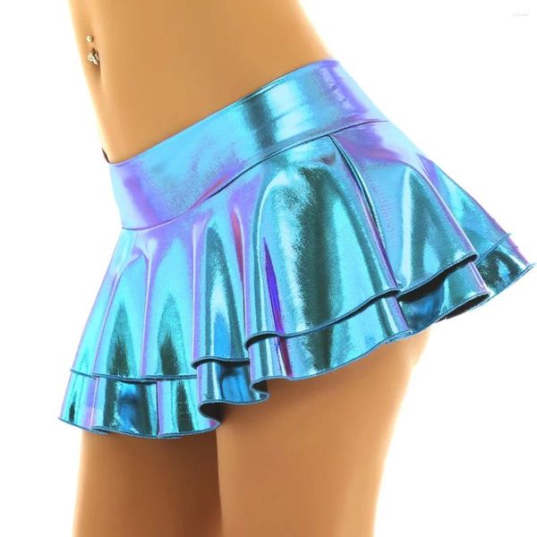 Faldas Mujer A-Line Short Sexy Mini Minifalda acampanada de cuero de látex brillante con cremallera Club Bar Pole Dance Performance Disfraces