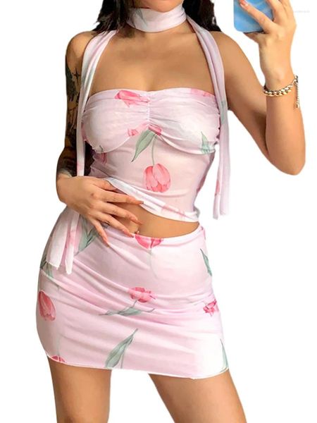 Jupes Femmes S Boho Floral Print 3 pièces Ensemble Sheer Mesh Crop Top Mini-jupe froncée et écharpe assortie