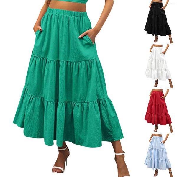 Faldas Vestido casual para mujer Elegante Color sólido Falda larga Cintura elástica Flujo Traje suelto para faldas de verano