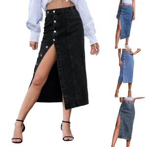 Skirts Ropa para mujeres Europeo y americano Botón Irregular Slit Denim Cintura alta Falda larga Mostrar figura