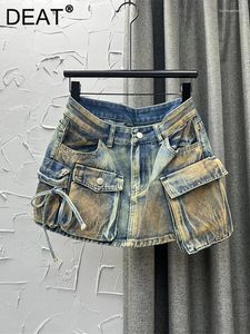 Skirts Women's Denim Multiple Pockets Patchwork Washed Lace-up Cargo A-line Mini Skirt 2024 Spring Fashion 29L3411