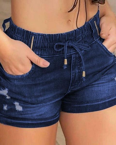 Jupes Short En Jean Pour Femme Mode D'été Décontracté Poche Détail Déchiré Cordon Uni Skinny Au-dessus Du Genou Short En Jean Quotidien