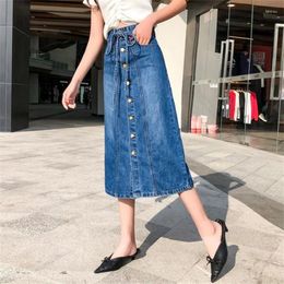 Jupes jupe en jean pour femmes Summer One Piece Longueur Multi-bouton Lacet Panneau haut taille A-Line